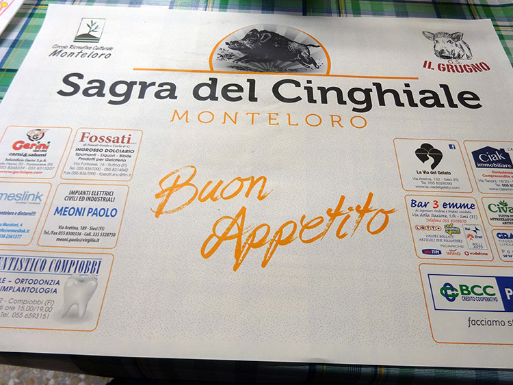 Buon appetito on the table cloth of Monteloro sagra